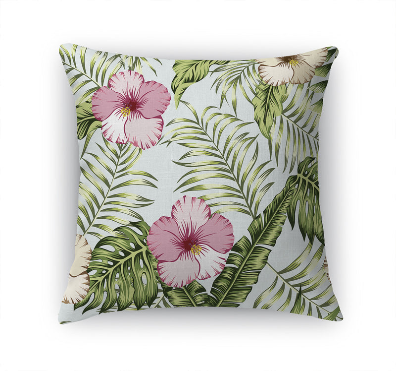 GREEN TROPICAL LEAVES AND PINK HIBISCUS Accent Pillow By Kavka Designs