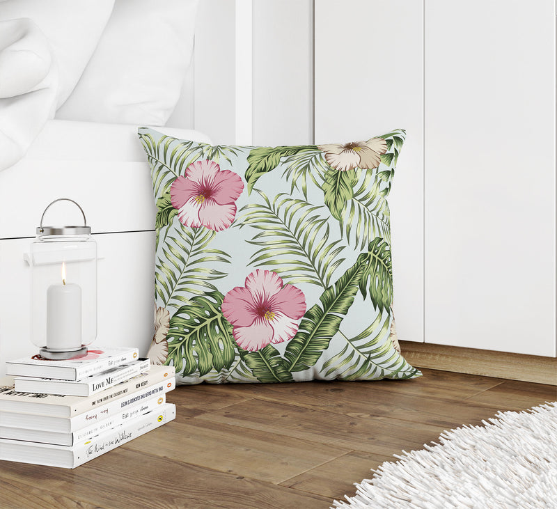 GREEN TROPICAL LEAVES AND PINK HIBISCUS Accent Pillow By Kavka Designs