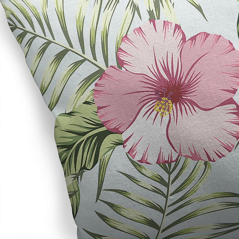 GREEN TROPICAL LEAVES AND PINK HIBISCUS Accent Pillow By Kavka Designs