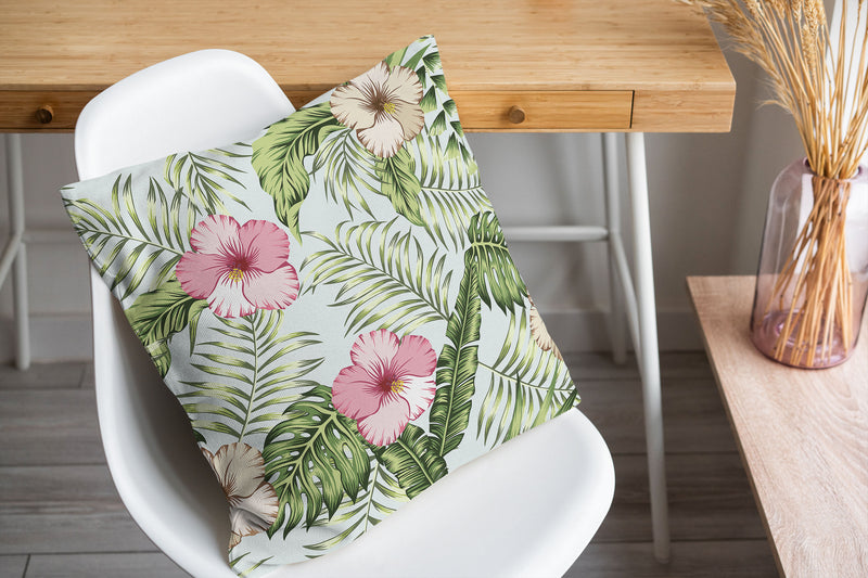 GREEN TROPICAL LEAVES AND PINK HIBISCUS Accent Pillow By Kavka Designs