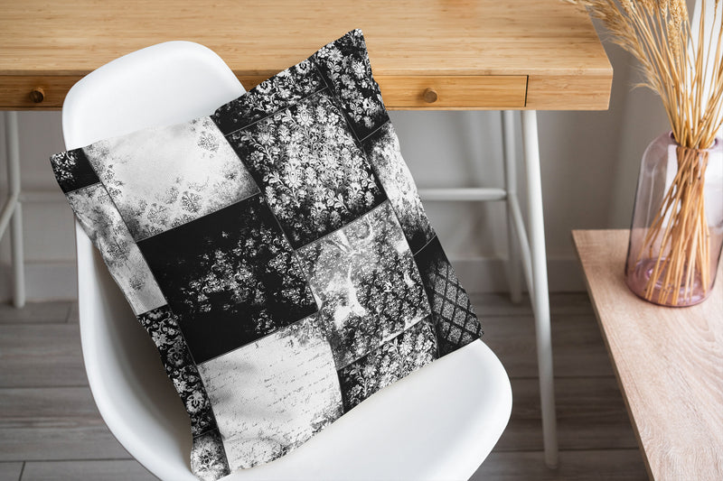 ECLECTIC BOHEMIAN PATCHWORK CHARCOAL & WHITE Accent Pillow By Kavka Designs