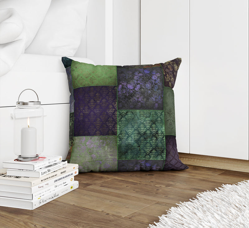 ECLECTIC BOHEMIAN PATCHWORK GREEN AND PURPLE Accent Pillow By Kavka Designs