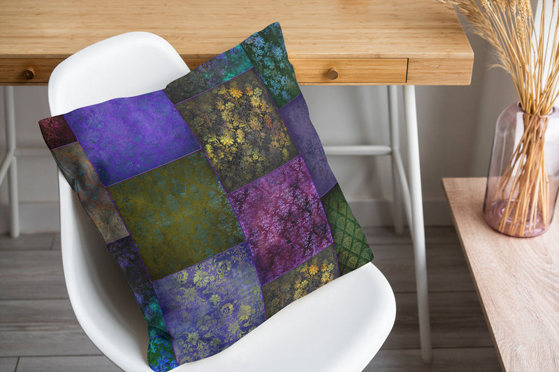 ECLECTIC BOHEMIAN PATCHWORK PURPLE GREEN AND GOLD Accent Pillow By Kavka Designs